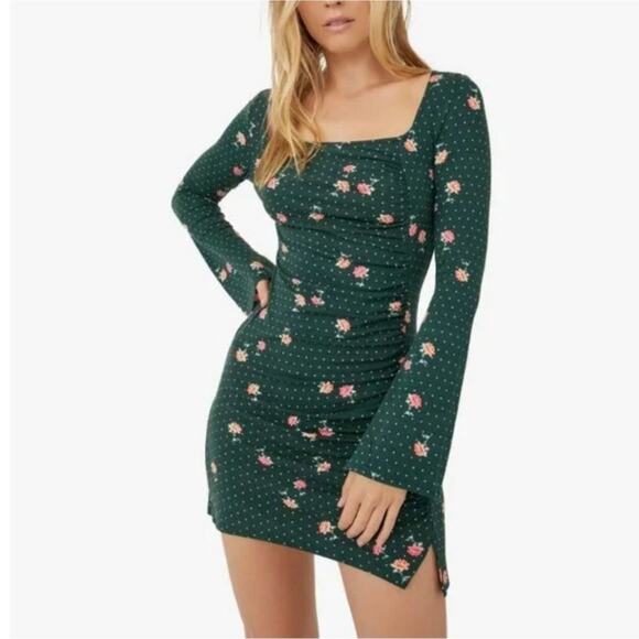 Free People Celia Dress Womens Small Green  Floral Long Sleeve Mini Party Sexy - Picture 1 of 12
